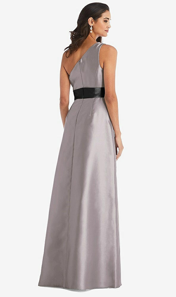 Back View - Cashmere Gray & Black One-Shoulder Bow-Waist Maxi Dress with Pockets