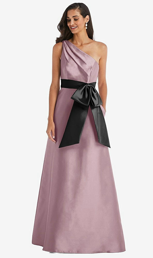 Front View - Dusty Rose & Black One-Shoulder Bow-Waist Maxi Dress with Pockets
