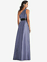 Rear View Thumbnail - French Blue & Black One-Shoulder Bow-Waist Maxi Dress with Pockets