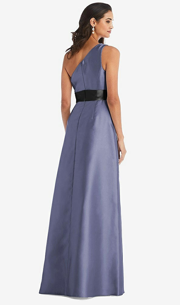 Back View - French Blue & Black One-Shoulder Bow-Waist Maxi Dress with Pockets