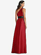 Rear View Thumbnail - Garnet & Black One-Shoulder Bow-Waist Maxi Dress with Pockets