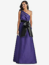 Front View Thumbnail - Grape & Black One-Shoulder Bow-Waist Maxi Dress with Pockets