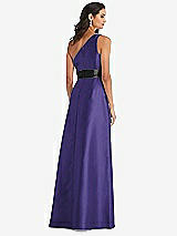 Rear View Thumbnail - Grape & Black One-Shoulder Bow-Waist Maxi Dress with Pockets