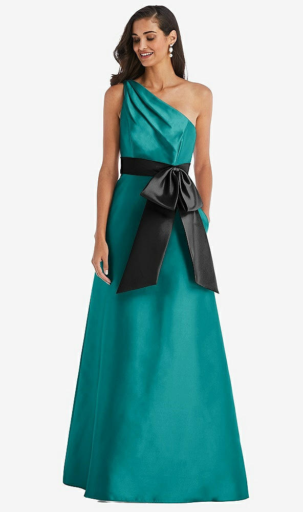 Front View - Jade & Black One-Shoulder Bow-Waist Maxi Dress with Pockets
