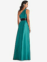 Rear View Thumbnail - Jade & Black One-Shoulder Bow-Waist Maxi Dress with Pockets