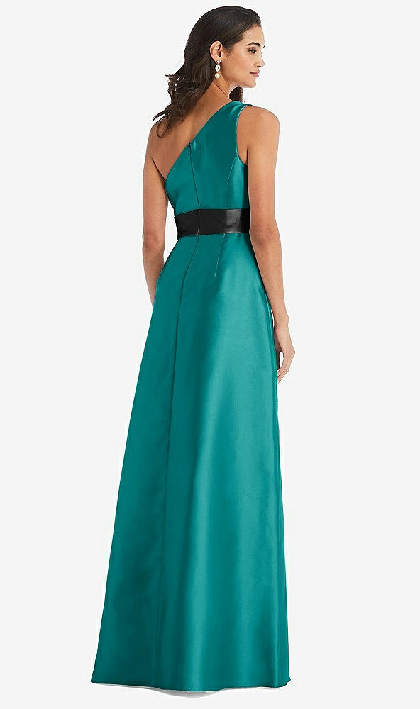 Back View - Jade & Black One-Shoulder Bow-Waist Maxi Dress with Pockets