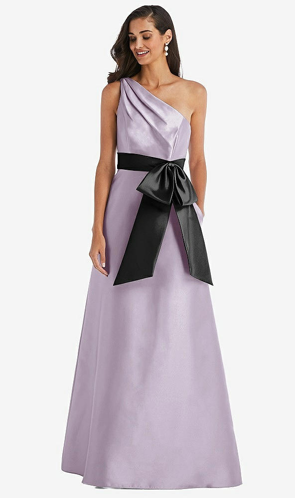 Front View - Lilac Haze & Black One-Shoulder Bow-Waist Maxi Dress with Pockets