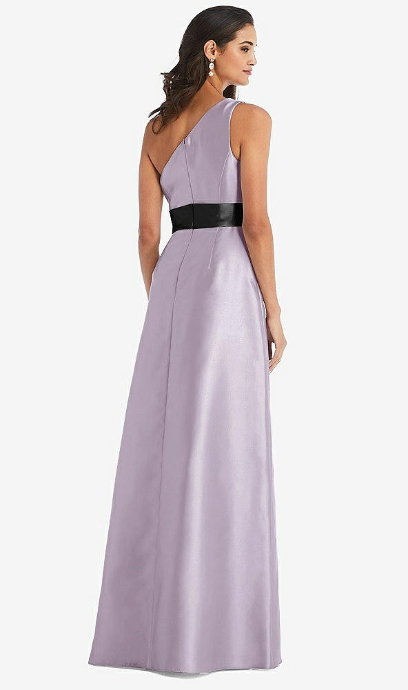 Back View - Lilac Haze & Black One-Shoulder Bow-Waist Maxi Dress with Pockets