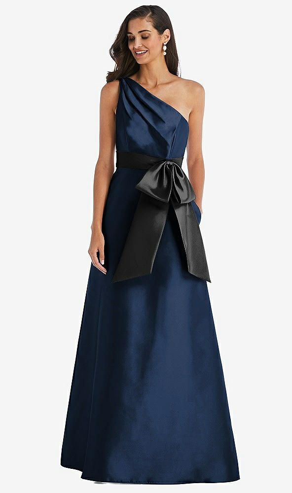 Front View - Midnight Navy & Black One-Shoulder Bow-Waist Maxi Dress with Pockets