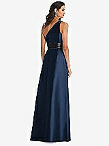 Rear View Thumbnail - Midnight Navy & Black One-Shoulder Bow-Waist Maxi Dress with Pockets