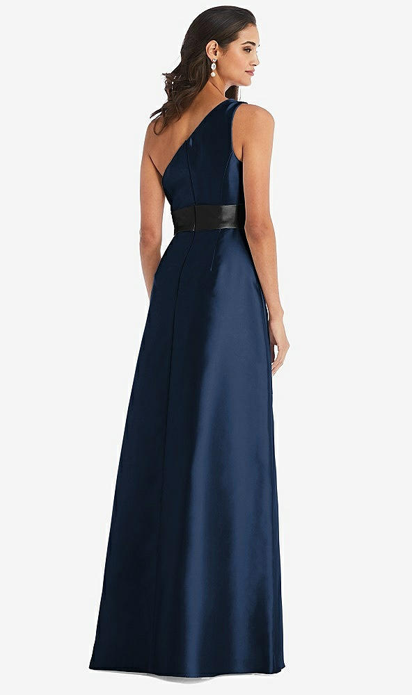 Back View - Midnight Navy & Black One-Shoulder Bow-Waist Maxi Dress with Pockets