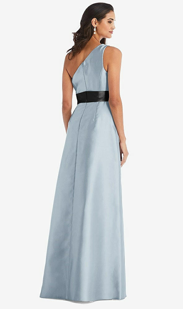 Back View - Mist & Black One-Shoulder Bow-Waist Maxi Dress with Pockets