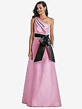 Front View Thumbnail - Powder Pink & Black One-Shoulder Bow-Waist Maxi Dress with Pockets