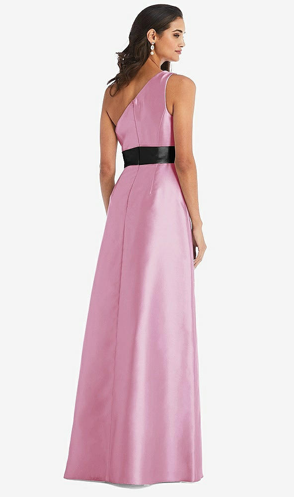 Back View - Powder Pink & Black One-Shoulder Bow-Waist Maxi Dress with Pockets
