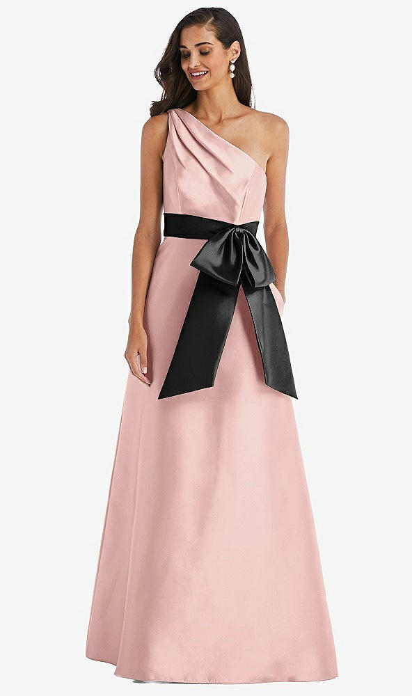 Front View - Rose - PANTONE Rose Quartz & Black One-Shoulder Bow-Waist Maxi Dress with Pockets