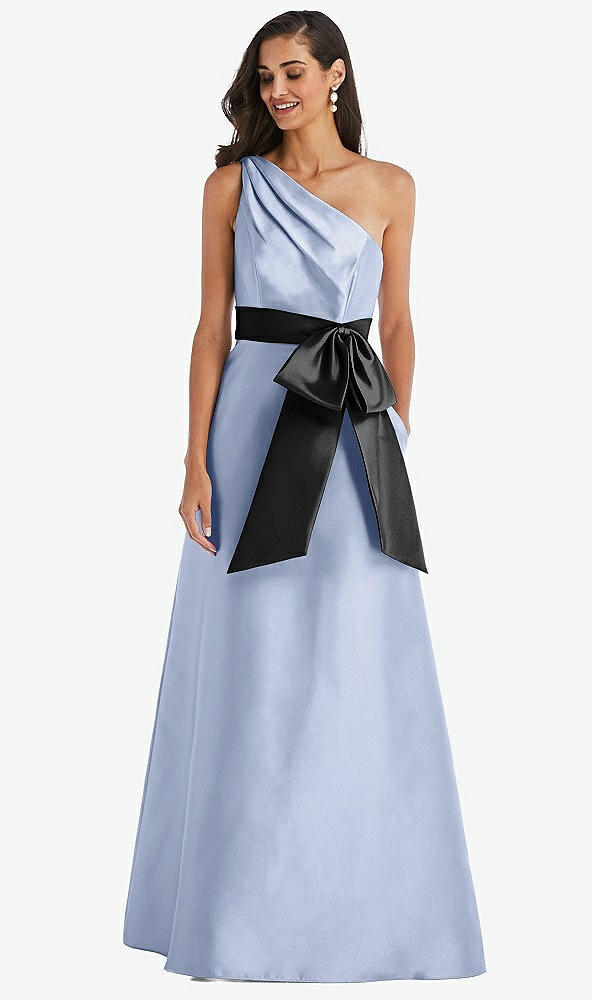 Front View - Sky Blue & Black One-Shoulder Bow-Waist Maxi Dress with Pockets