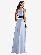 Rear View Thumbnail - Sky Blue & Black One-Shoulder Bow-Waist Maxi Dress with Pockets