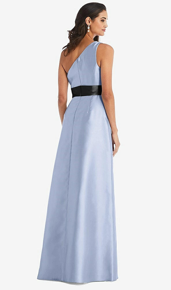 Back View - Sky Blue & Black One-Shoulder Bow-Waist Maxi Dress with Pockets