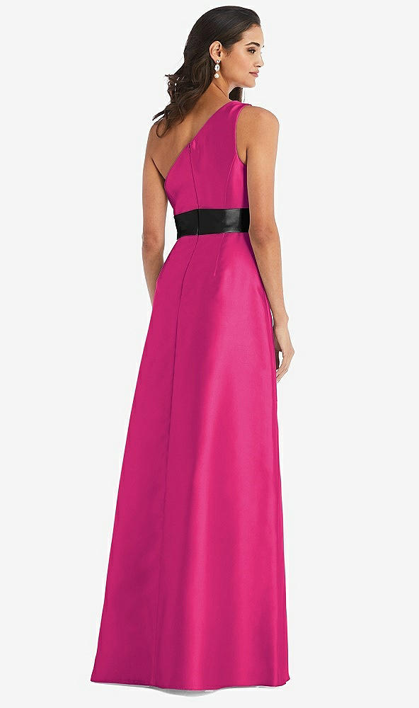 Back View - Think Pink & Black One-Shoulder Bow-Waist Maxi Dress with Pockets