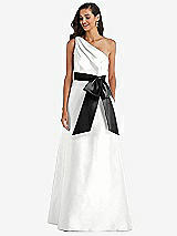 Front View Thumbnail - White & Black One-Shoulder Bow-Waist Maxi Dress with Pockets