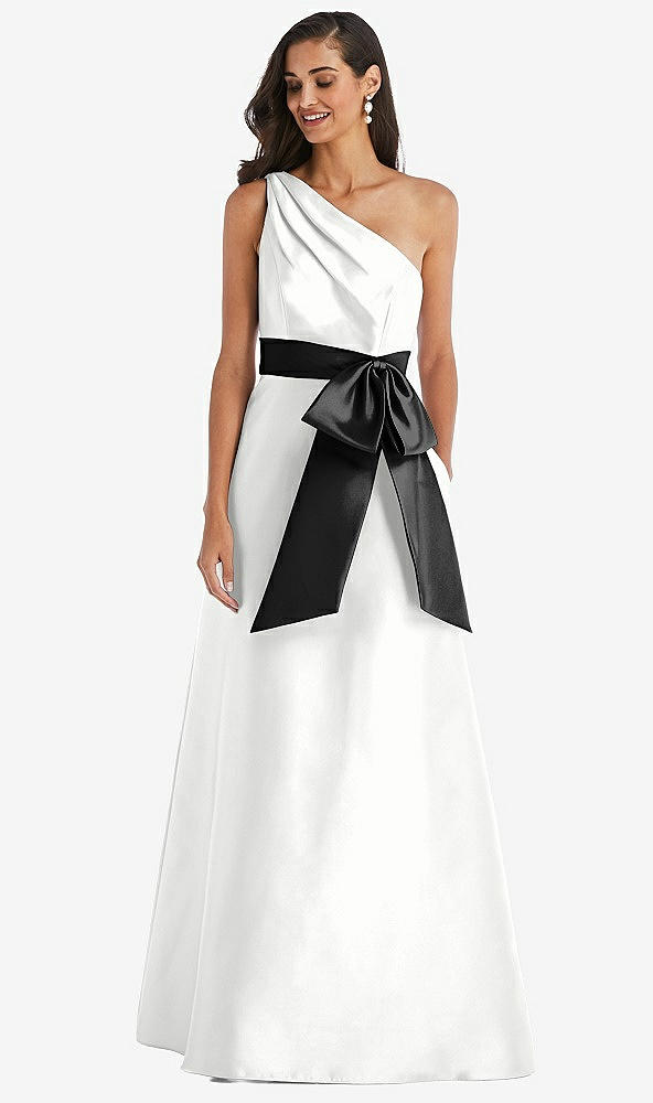 Front View - White & Black One-Shoulder Bow-Waist Maxi Dress with Pockets