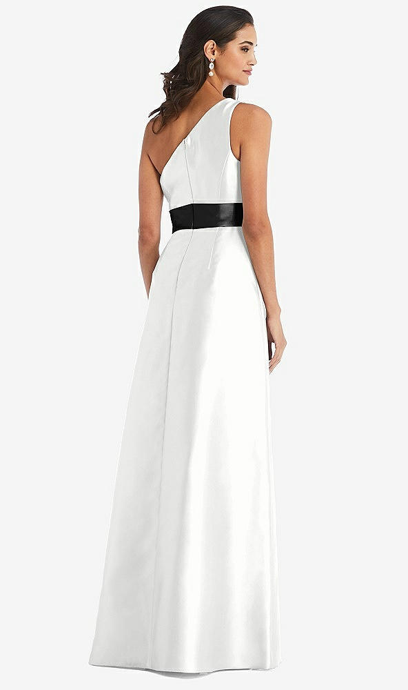 Back View - White & Black One-Shoulder Bow-Waist Maxi Dress with Pockets