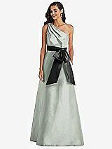 Front View Thumbnail - Willow Green & Black One-Shoulder Bow-Waist Maxi Dress with Pockets
