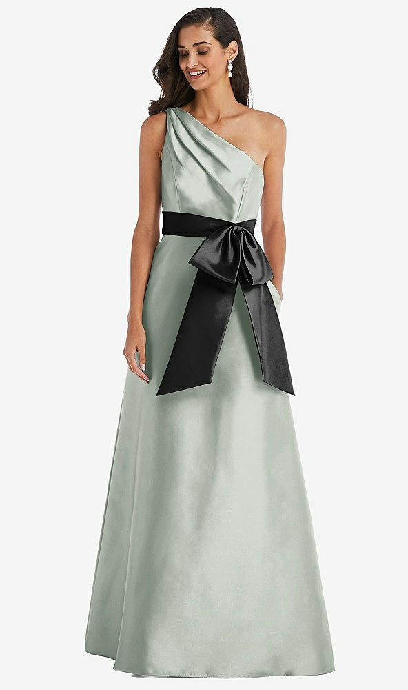 Front View - Willow Green & Black One-Shoulder Bow-Waist Maxi Dress with Pockets