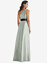 Rear View Thumbnail - Willow Green & Black One-Shoulder Bow-Waist Maxi Dress with Pockets