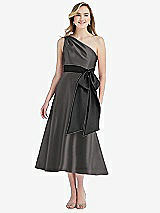 Front View Thumbnail - Caviar Gray & Black One-Shoulder Bow-Waist Midi Dress with Pockets