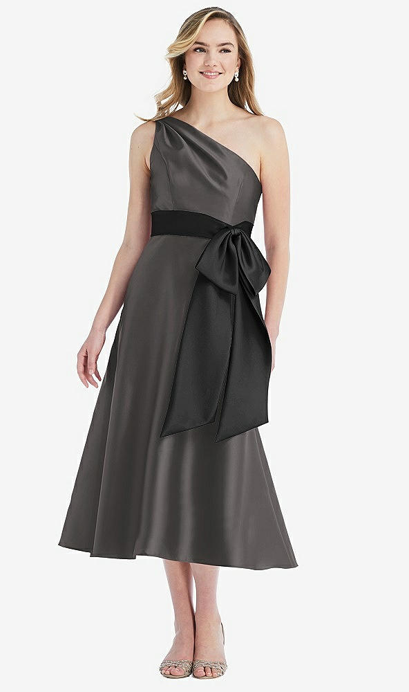 Front View - Caviar Gray & Black One-Shoulder Bow-Waist Midi Dress with Pockets