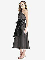 Side View Thumbnail - Caviar Gray & Black One-Shoulder Bow-Waist Midi Dress with Pockets