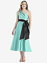 Front View Thumbnail - Coastal & Black One-Shoulder Bow-Waist Midi Dress with Pockets