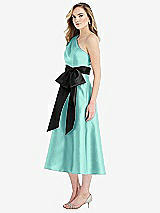 Side View Thumbnail - Coastal & Black One-Shoulder Bow-Waist Midi Dress with Pockets