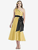 Front View Thumbnail - Maize & Black One-Shoulder Bow-Waist Midi Dress with Pockets