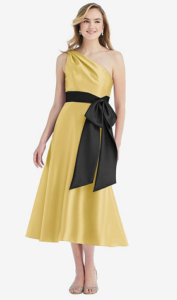 Front View - Maize & Black One-Shoulder Bow-Waist Midi Dress with Pockets