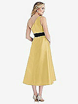 Rear View Thumbnail - Maize & Black One-Shoulder Bow-Waist Midi Dress with Pockets