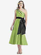 Front View Thumbnail - Mojito & Black One-Shoulder Bow-Waist Midi Dress with Pockets