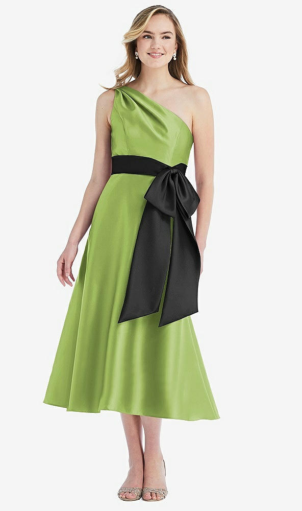 Front View - Mojito & Black One-Shoulder Bow-Waist Midi Dress with Pockets