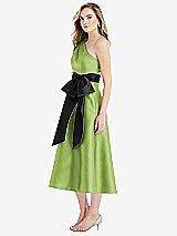 Side View Thumbnail - Mojito & Black One-Shoulder Bow-Waist Midi Dress with Pockets