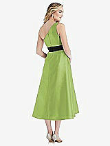 Rear View Thumbnail - Mojito & Black One-Shoulder Bow-Waist Midi Dress with Pockets