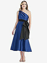 Front View Thumbnail - Classic Blue & Black One-Shoulder Bow-Waist Midi Dress with Pockets