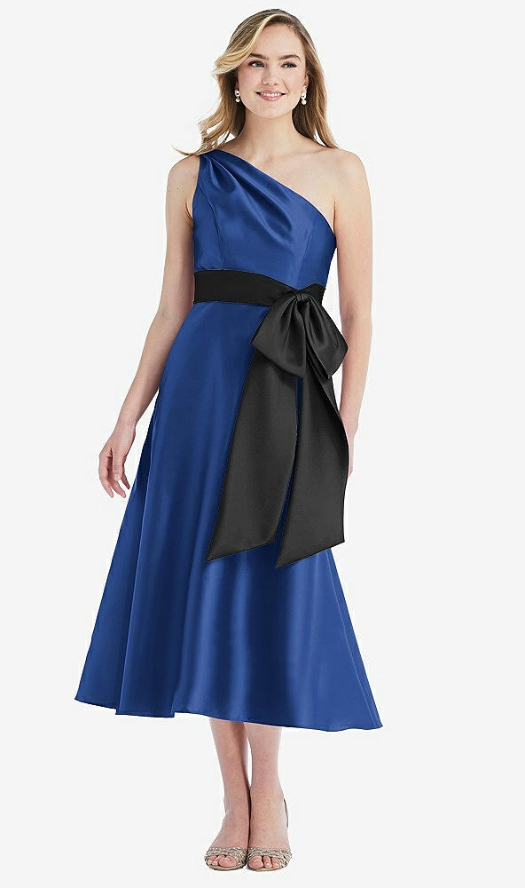 Front View - Classic Blue & Black One-Shoulder Bow-Waist Midi Dress with Pockets