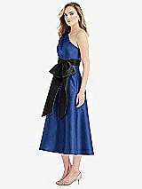 Side View Thumbnail - Classic Blue & Black One-Shoulder Bow-Waist Midi Dress with Pockets