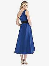 Rear View Thumbnail - Classic Blue & Black One-Shoulder Bow-Waist Midi Dress with Pockets