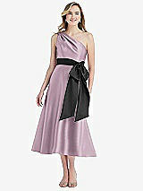 Front View Thumbnail - Suede Rose & Black One-Shoulder Bow-Waist Midi Dress with Pockets