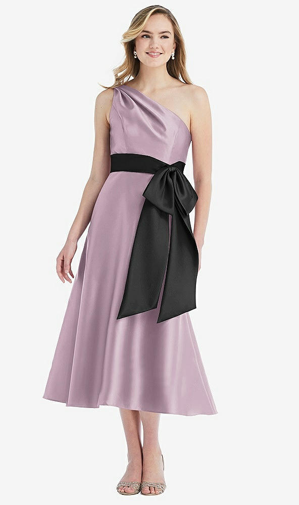 Front View - Suede Rose & Black One-Shoulder Bow-Waist Midi Dress with Pockets