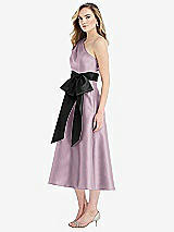 Side View Thumbnail - Suede Rose & Black One-Shoulder Bow-Waist Midi Dress with Pockets