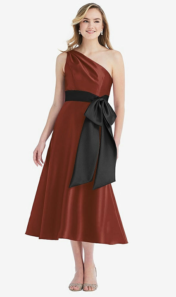 Front View - Auburn Moon & Black One-Shoulder Bow-Waist Midi Dress with Pockets