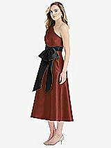 Side View Thumbnail - Auburn Moon & Black One-Shoulder Bow-Waist Midi Dress with Pockets